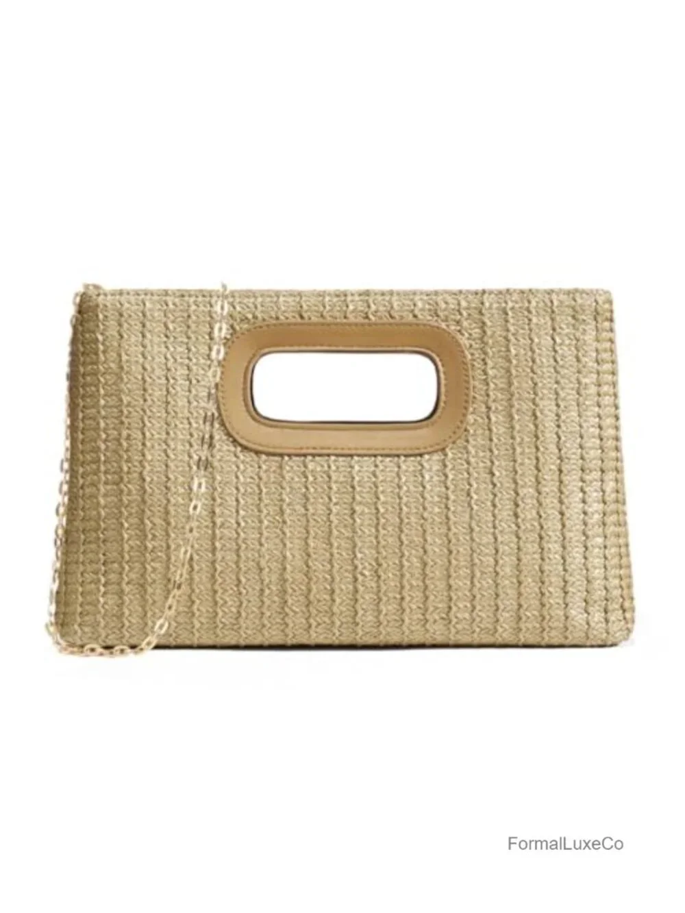 Woven Straw Top Handle Clutch Evening Bag Rhinestone Gold Chain